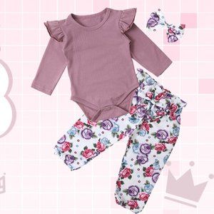 Girl's 3 pc set Purple Ruffle Bodysuit w/Floral Pants, Headband Size 6-12 months